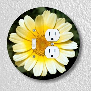 Yellow Daisy Flower Precision Laser Cut Duplex and Grounded Outlet Round Wall Plate Covers Double Toggle/Duplex