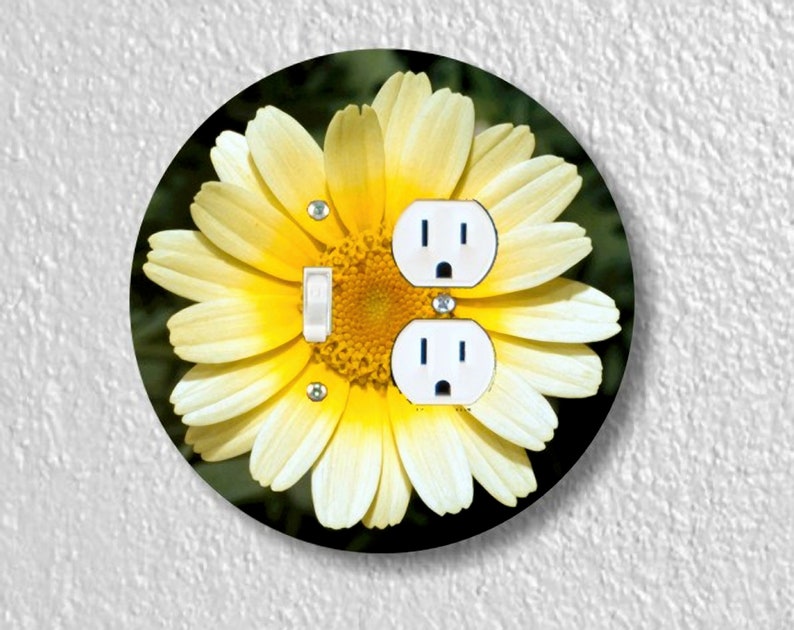 Yellow Daisy Flower Precision Laser Cut Duplex and Grounded Outlet Round Wall Plate Covers Double Toggle/Duplex