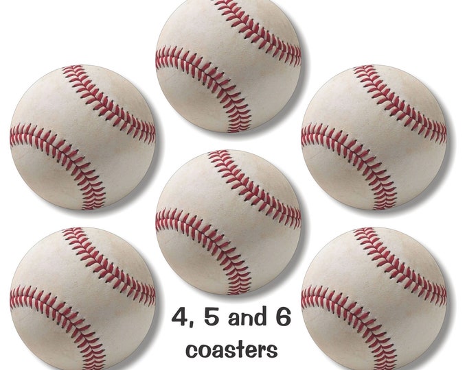White Baseball Glossy Round Cork Backed Coasters (Sets of 4,5 or 6)