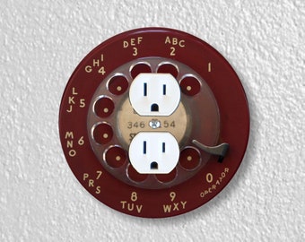 Vintage Dark Red Telephone Dial Precision Laser Cut Duplex and Grounded Outlet Round Wall Plate Covers