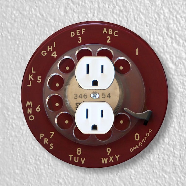 Vintage Dark Red Telephone Dial Precision Laser Cut Duplex and Grounded Outlet Round Wall Plate Covers