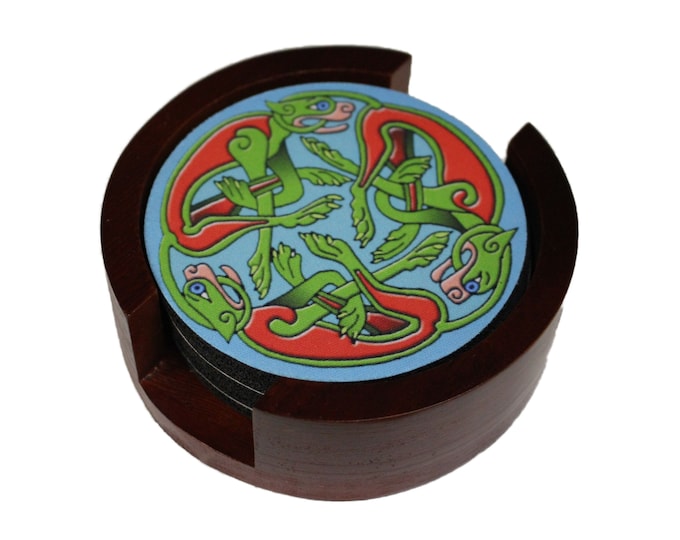 Celtic Dragon Round Coaster Set of 5 with Wood Holder