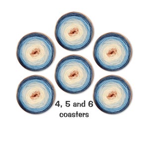 May include: Six round coasters with a gradient design in shades of blue, beige, and brown. The coasters have a spiral pattern and are arranged on a white background. The text "4, 5 and 6 coasters" is at the bottom.