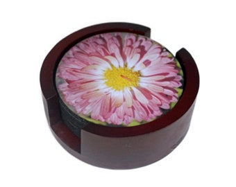 Pink Daisy Flower Coaster Set of 5 with Wood Holder