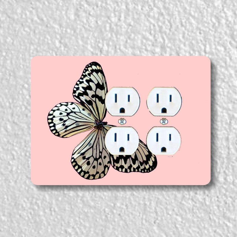 White Nymph Butterfly Pink Precision Laser Cut Duplex and Grounded Outlet Wall Plate Covers