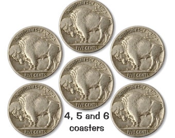 Buffalo Nickel Coin Glossy Cork Backed Coasters - Sets of 4,5 or 6