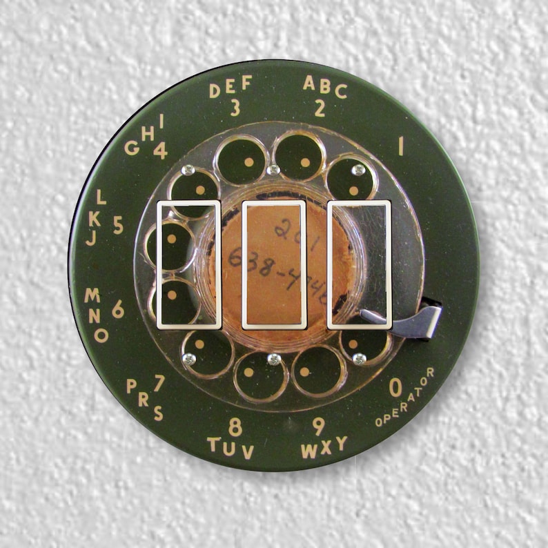 Vintage Retro MCM Avocado Green Telephone Dial Precision Laser Cut Triple Decora Rocker Round Light Switch Wall Plate Cover