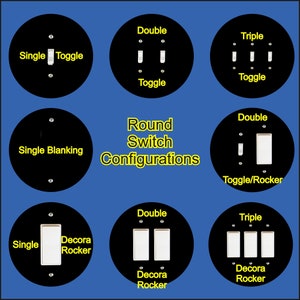 May include: Diagram showing different configurations for round electrical switch plates. The plates are black and feature single, double, and triple toggle and rocker switches.
