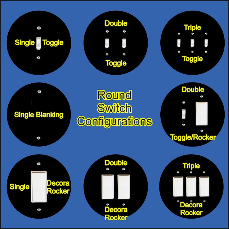 May include: Diagram showing different configurations for round electrical switch plates. The plates are black and feature single, double, and triple toggle and rocker switches.