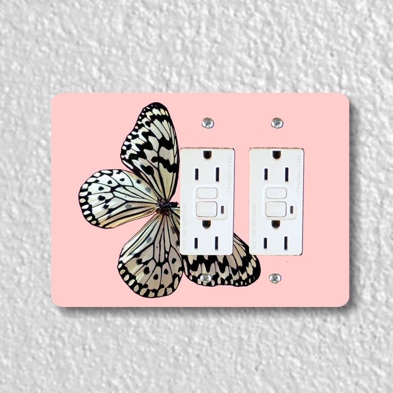 White Nymph Butterfly Pink Precision Laser Cut Duplex and Grounded Outlet Wall Plate Covers
