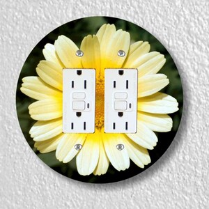 Yellow Daisy Flower Precision Laser Cut Duplex and Grounded Outlet Round Wall Plate Covers Double GFI Outlet