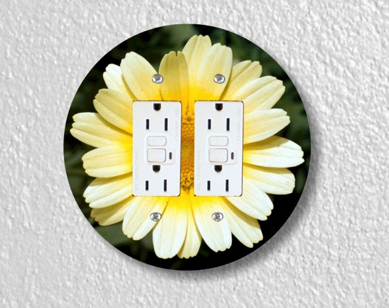 Yellow Daisy Flower Precision Laser Cut Duplex and Grounded Outlet Round Wall Plate Covers Double GFI Outlet