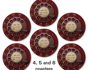 Vintage Dark Red Telephone Dial Glossy Round Cork Backed Coasters (Sets of 4,5 or 6)