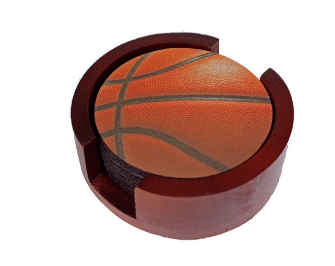 Burgundy Basketball Coaster Set of 5 with Wood Holder