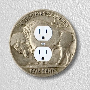 May include: A silver-colored US five-cent coin with a buffalo design, featuring two white electrical outlets.