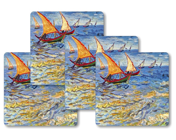 Vincent Van Gogh Seascape at Saintes-Maries Painting Square Coasters - Set of 4