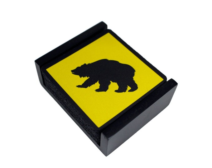 Bear Crossing Sign Square Coaster Set of 5 with Wood Holder