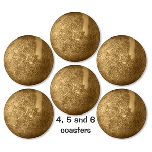 May include: Six round, golden-brown coasters arranged on a white background. Each coaster has a textured surface and a lighter, vertical stripe. The text "4, 5 and 6 coasters" is at the bottom. These coasters are designed to protect surfaces from drink rings.