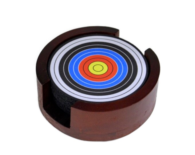 Archery Target Round Coaster Set of 5 with Wood Holder