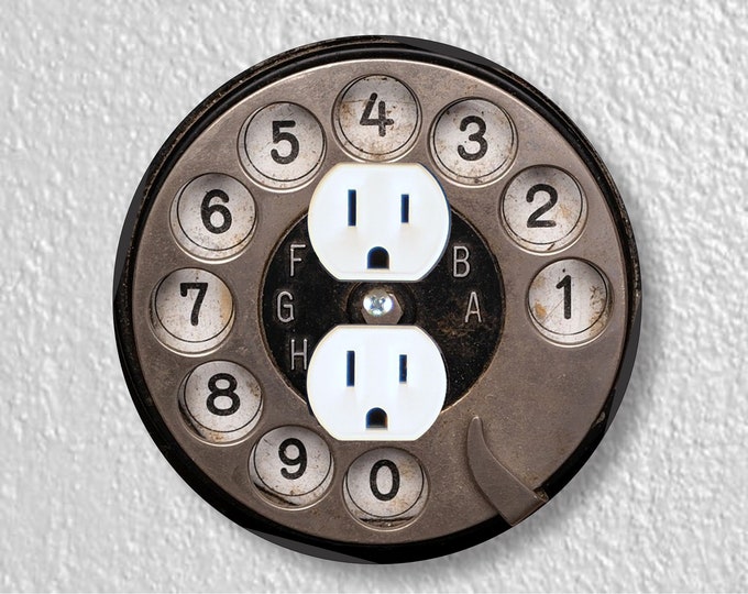 Retro Black Telephone Dial Precision Laser Cut Duplex and Grounded Outlet Round Wall Plate Covers