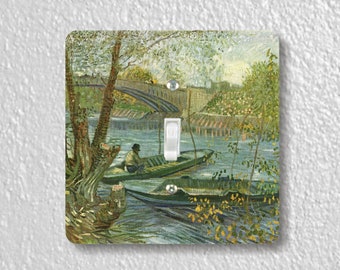 Vincent Van Gogh Fisherman and Boats from Pont de Clichy Precision Laser Cut Toggle and Decora Rocker Square Light Switch Wall Plate Covers