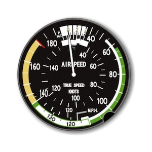 May include: A black and white aircraft instrument with a needle pointing to 180. The instrument is labeled "Air Speed" and has markings for knots and miles per hour.