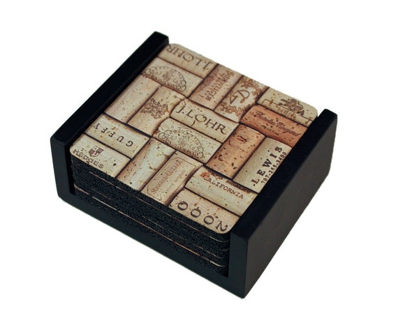Wine Corks Square Coaster Set of 5 with Wood Holder NOT made of cork