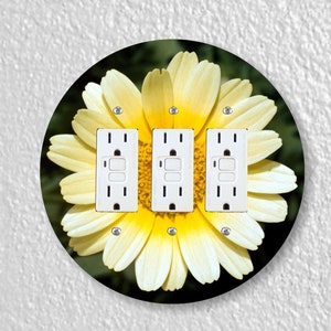 Yellow Daisy Flower Precision Laser Cut Duplex and Grounded Outlet Round Wall Plate Covers Triple GFI Outlet