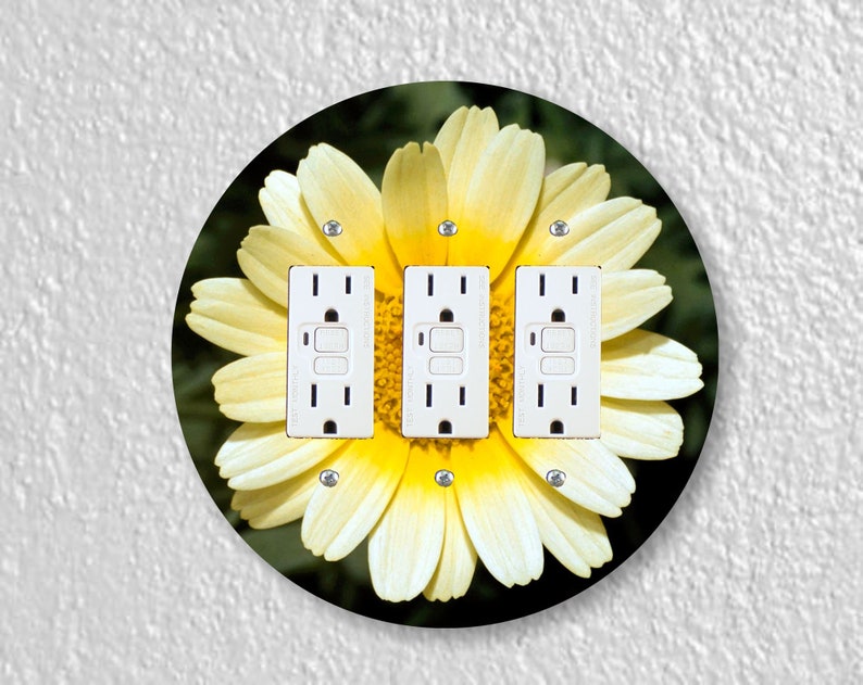 Yellow Daisy Flower Precision Laser Cut Duplex and Grounded Outlet Round Wall Plate Covers Triple GFI Outlet