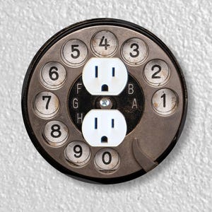 Vintage Retro Black Telephone Dial Precision Laser Cut Duplex and Grounded Outlet Round Wall Plate Covers