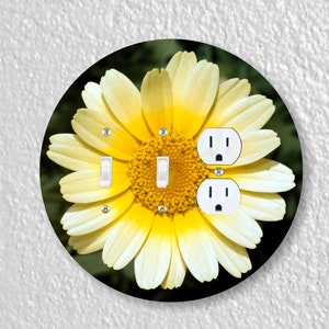 Yellow Daisy Flower Precision Laser Cut Duplex and Grounded Outlet Round Wall Plate Covers Triple Toggle/Duplex