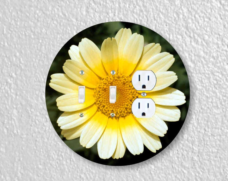 Yellow Daisy Flower Precision Laser Cut Duplex and Grounded Outlet Round Wall Plate Covers Triple Toggle/Duplex