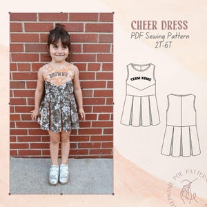 Op de afbeelding: Een jong meisje draagt een bruin en wit bloemenprint jurk met een bruin en oranje juk met de tekst "BROWNS". De afbeelding toont ook een PDF-naaipatroon voor een cheerleadjurk, met de tekst "CHEER DRESS" en "2T-6T".