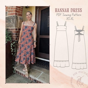 Op de afbeelding: Een vrouw draagt een rood en blauw bloemenprint jurk met een vierkante halslijn en spaghettibandjes. De jurk heeft een geplooid zoom. De afbeelding toont ook een PDF naaipatroon voor de "HANNAH DRESS" in maten XS-XL.