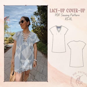 May include: A light blue and white geometric patterned lace-up cover-up with short sleeves and a fringed hem. The image includes a technical line drawing of the garment labeled LACE-UP COVER-UP PDF Sewing Pattern XS-XL by Stephanie Poe Patterns.