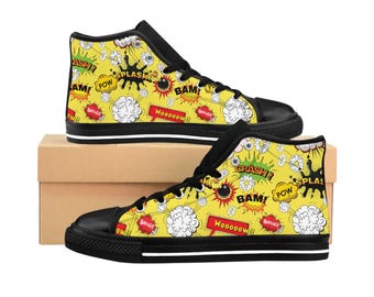 Herren Teen Jugend Comic Pop Art Style Sneakers, Fun Sneakers für Comic-Liebhaber, Einzigartige High Tops, Geschenke für Künstler, Freizeitkleidung Gelb Comic