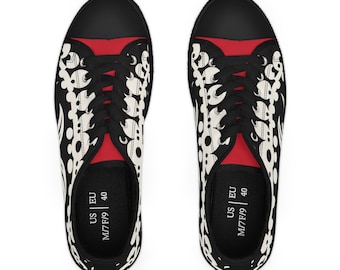Women's Black and Red Full Pattern Low Top Boho Sneakers Vegan Canvas Casual Fashion Tennis Shoes