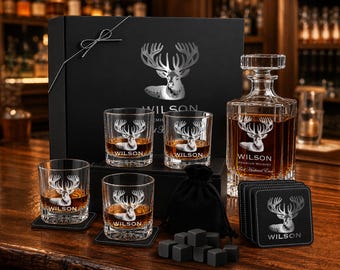 Personalized  Antler Whiskey Decanter Set with 4 Glasses, Barware Hunter Gift for Men, Husband, Boss