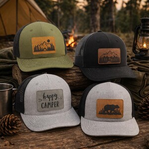 Personalized Trucker Hat, Custom Faux Leather Engraved Patch with Logo Text   -Gift for Men, Women, Hunter, Adventure , Army Hat
