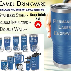 Puede incluir: Una variedad de vasos y tazas de acero inoxidable de diferentes tama&ntilde;os, incluyendo un vaso de 30 onzas, una taza de viaje de 40 onzas y una botella de agua de 12 onzas. Los vasos y las tazas son todos azules y tienen un dise&ntilde;o de doble pared. El texto "PERMANENT LASER ENGRAVING" est&aacute; en el lado del vaso de 30 onzas.