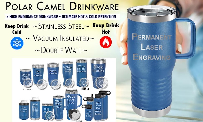 Puede incluir: Una variedad de vasos y tazas de acero inoxidable de diferentes tama&ntilde;os, incluyendo un vaso de 30 onzas, una taza de viaje de 40 onzas y una botella de agua de 12 onzas. Los vasos y las tazas son todos azules y tienen un dise&ntilde;o de doble pared. El texto "PERMANENT LASER ENGRAVING" est&aacute; en el lado del vaso de 30 onzas.