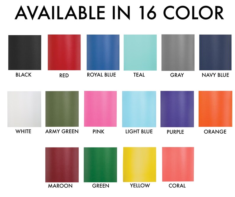 Puede incluir: Una tabla de colores que muestra 16 colores diferentes, incluyendo negro, rojo, azul real, azul turquesa, gris, azul marino, blanco, verde militar, rosa, azul claro, morado, naranja, granate, verde, amarillo y coral.