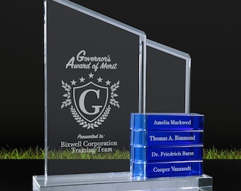 Personalized Crystal Perpetual Stand Up Awards Plaque with 4 Blue Crystal Blocks Winner Award Plaque with Custom Engraved Plates