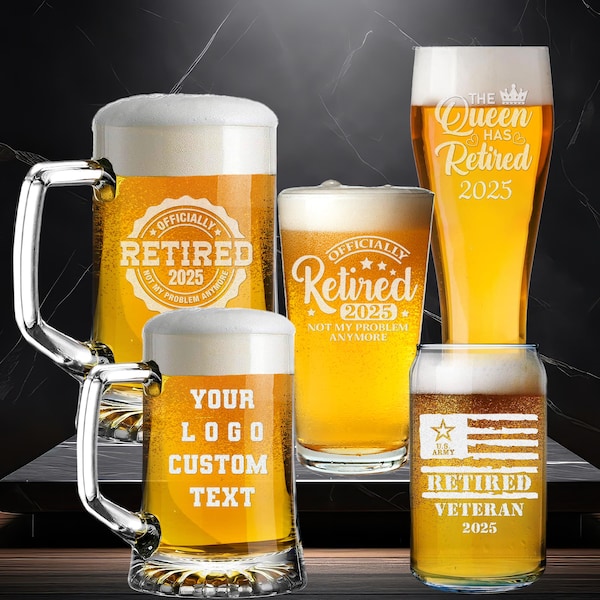 Engraved Retirement Beer Mug – Personalized Veteran Gift, American Flag Design