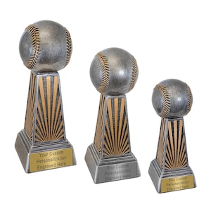 May include: Three baseball trophies of varying heights, each featuring a silver-toned baseball topper on a tapered base with black and gold sunburst patterns. Each base includes a rectangular plate with the text Your Custom Personalization Engraved Here.