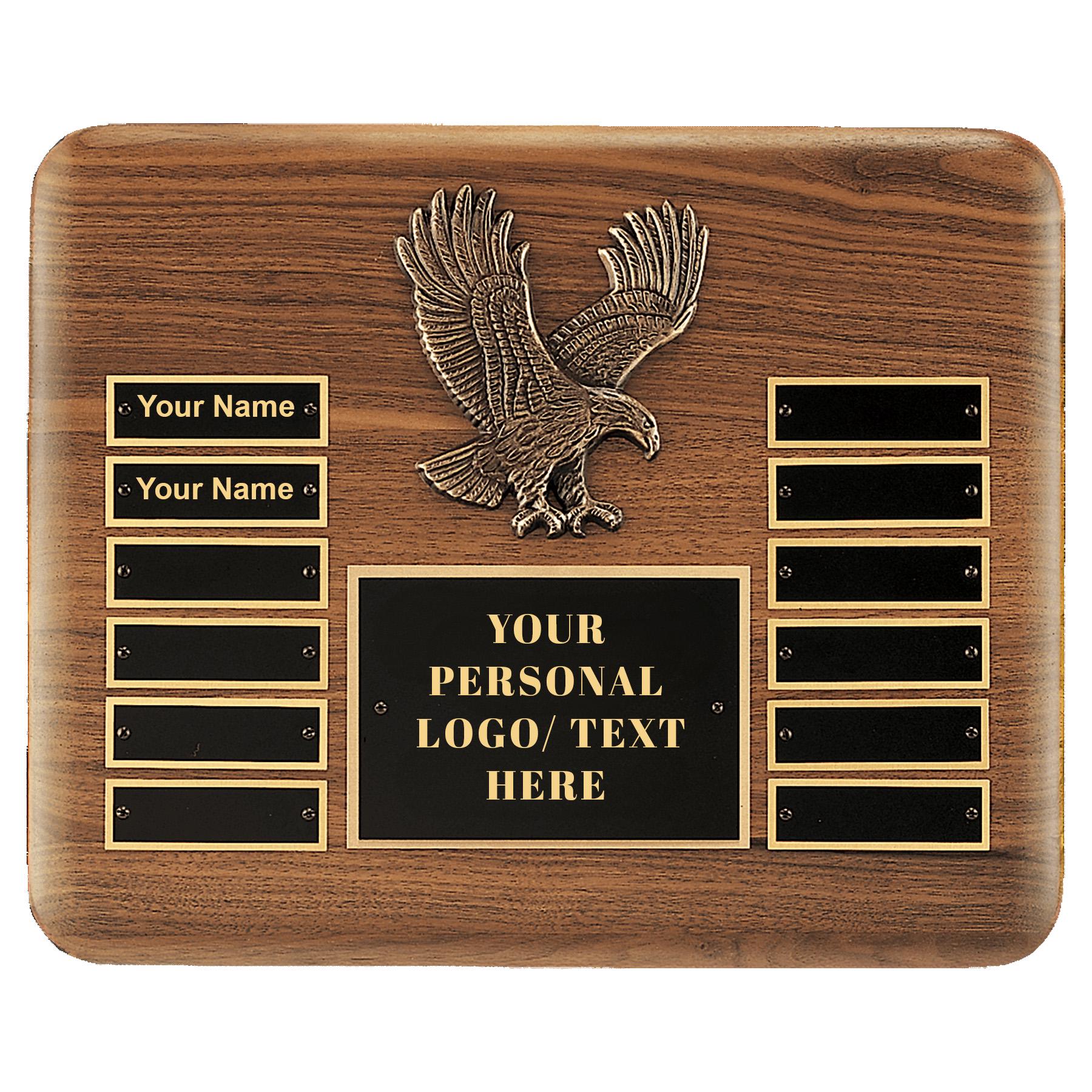Custom Solid Walnut Plaque with Antique Bronze Eagle Casting and Black Header and 12 Custom Engraved Name Plates Winner Award Plaque