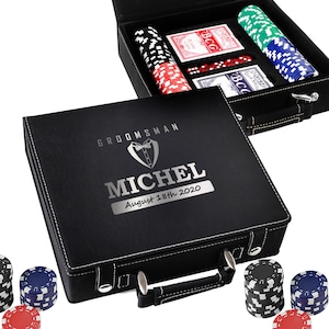 Custom Poker Set Gift – Engraved Faux Leather Case with 100 Chips – Personalized Dad Gift, Groomsmen, Wedding Party, Logo