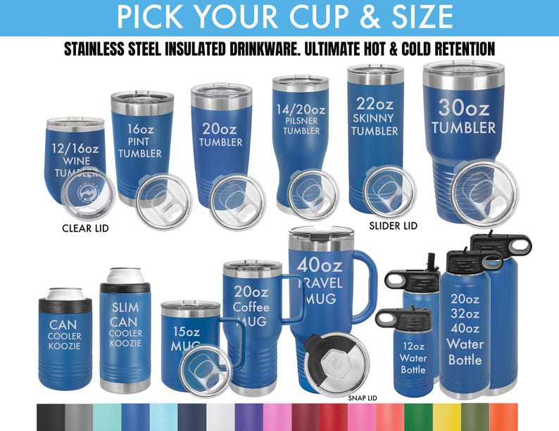 Puede incluir: Una variedad de vasos de bebida aislados de acero inoxidable azul en diferentes tama&ntilde;os y estilos, incluyendo vasos, tazas y botellas de agua. El texto en los vasos incluye tama&ntilde;os y descripciones como "12/16oz Wine Tumbler", "20oz Tumbler", "40oz Travel Mug", y "20oz Coffee Mug".