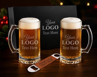 Personalized Logo Beer Mugs Set of 2 with Bottle Opener & Gift Box, Engraved Gift for Dad, Boss, Groomsmen