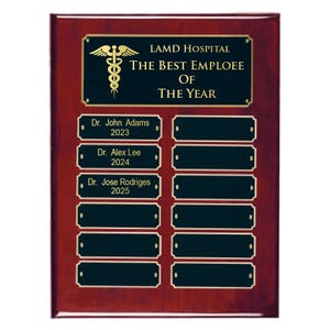 May include: A mahogany plaque with gold trim and a black background. The plaque has a gold medical symbol and the text "LAMD HOSPITAL THE BEST EMPLOYEE OF THE YEAR". There are 10 blank black nameplates with gold trim.